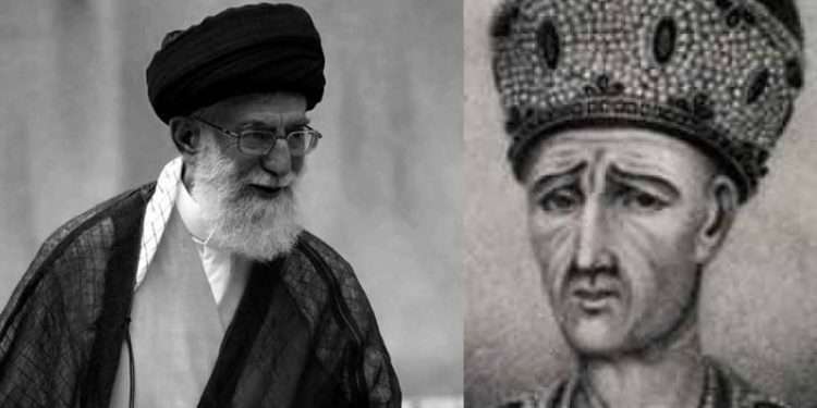 علی خامنه‌ای روی فرش قرمز خان قاجار نشست-